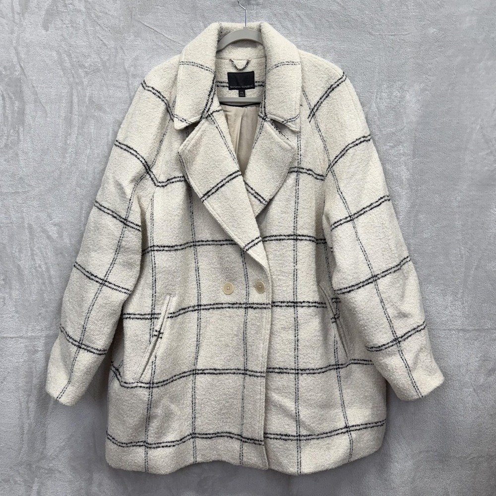 Banana Republic Coat Womens 2XL White Windowpane Plaid Double‎ Breasted Overcoat